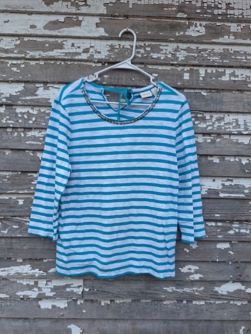 Chico's Teal & White Striped Beaded-Neckline Top Size Large